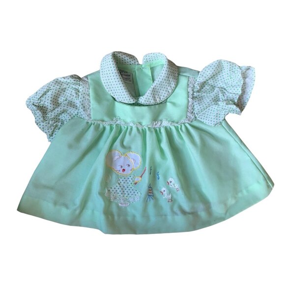 Vintage Seafoam Green Swiss Dot Mouse Embroidered Dress 0-3 Months - Picture 1 of 9